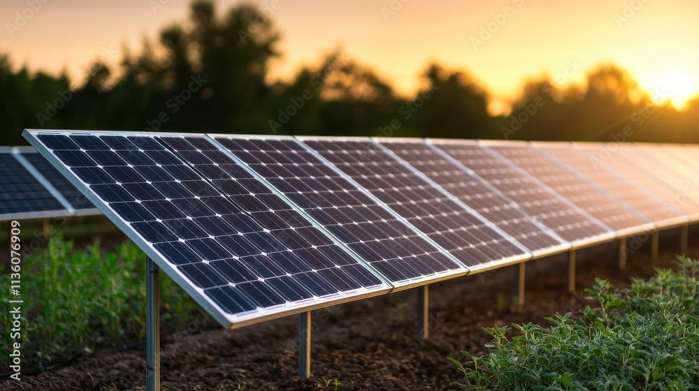 Solar panels at sunset in a green field, showcasing renewable energy technology and sustainable agriculture under a golden sky during summer season Solar panels at sunset in a green field, showcasing renewable energy technology and sustainable agriculture under a golden sky during summer season
