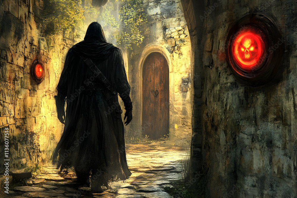 Naklejka premium Hooded figure walks through ancient stone passageway with glowing skull symbols.