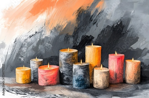 Colorful lit candles on artistic abstract background photo