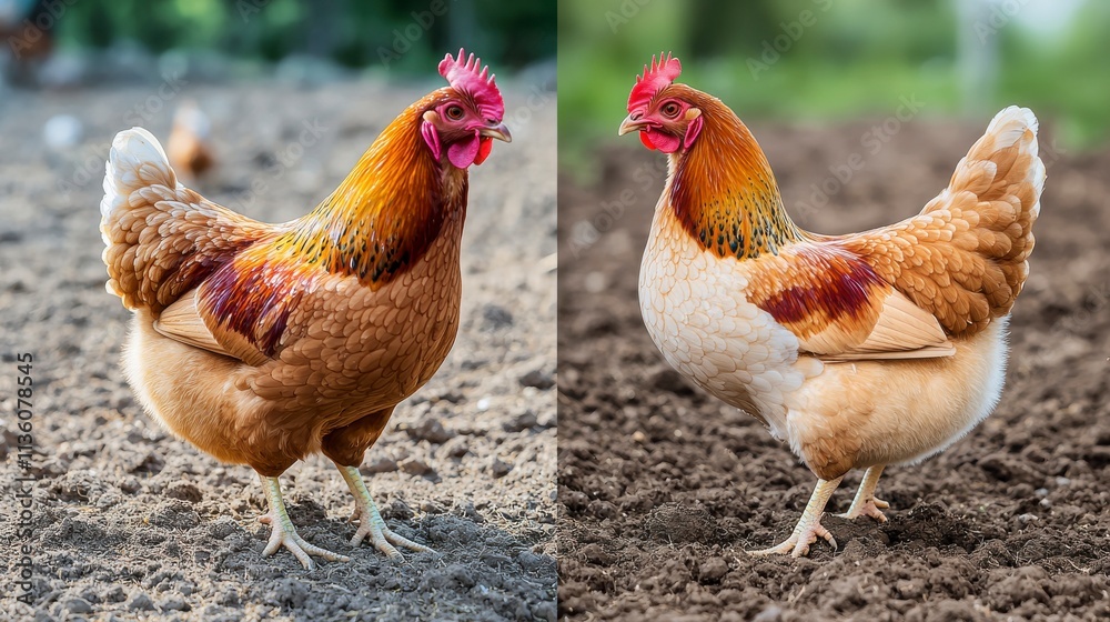 Fototapeta premium Two Plump Chickens Displaying Vibrant Feathers in Natural Farm Setting, Captured with Great Detail and Clarity, Perfect for Agricultural Themes and Livestock Representation