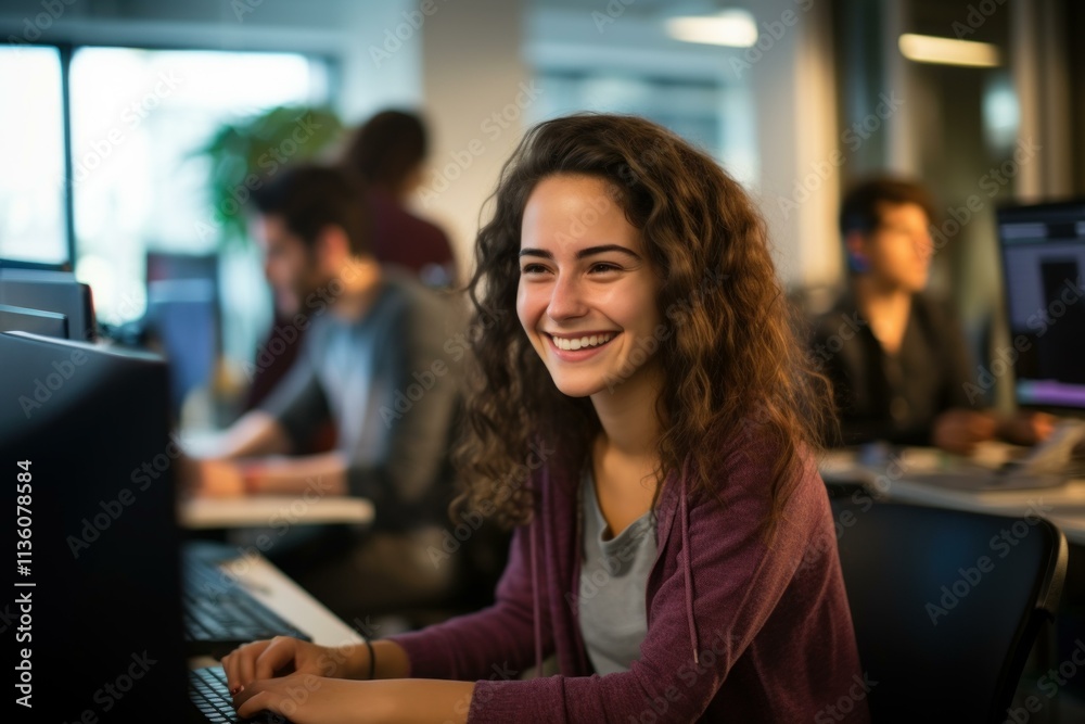 Happy female programmer working on a software development project in a modern office Happy female programmer working on a software development project in a modern office