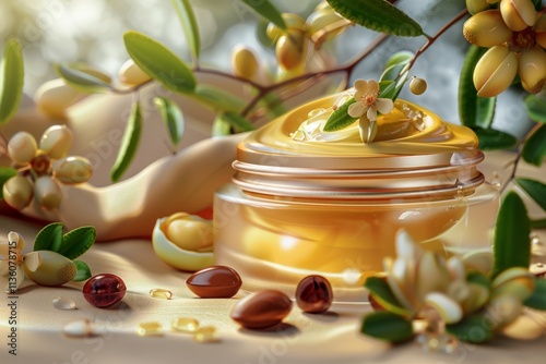 Illustration of a luxurious cream jar with golden cream, surrounded by jojoba seeds, flowers, and leaves, emphasizing natural beauty and skincare. Generative AI photo