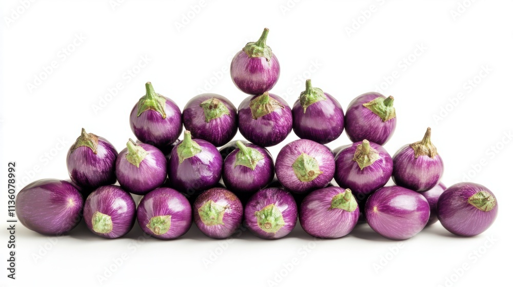 A collection of eggplants arranged in a pyramid shape, showcasing their vibrant purple tones, isolated on white A collection of eggplants arranged in a pyramid shape, showcasing their vibrant purple tones, isolated on white