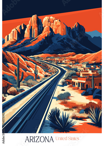 Arizona landscape poster, vintage 70s post card style illustration. Travel print decor gift paper canvas wall retro art photo