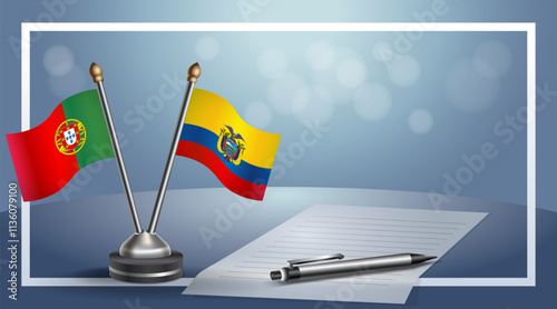 Portugal and Ecuador National flags on small table with bokeh background, cooperative relationship