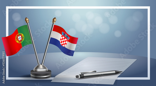 Portugal and Croatia National flags on small table with bokeh background, cooperative relationship