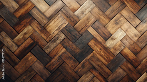 Top view on wood floor surface. Realistic 3d vector illustration set of brown wooden herringbone and plank pattern laminate or parquetry tile samples. Natural hardwood texture plank tabletop.