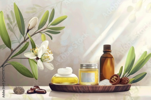 Jojoba oil and skincare products arrangement with delicate flowers, seeds, and natural green elements for wellness. Generative AI