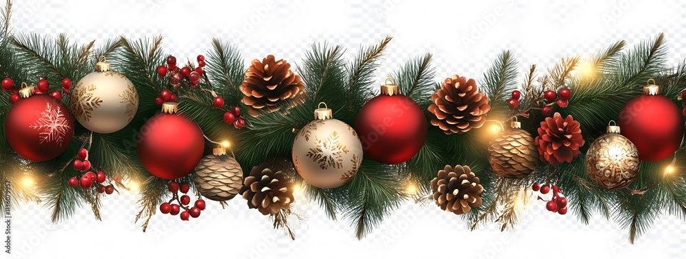 Festive garland with red and gold ornaments, pine cones, and greenery Festive garland with red and gold ornaments, pine cones, and greenery