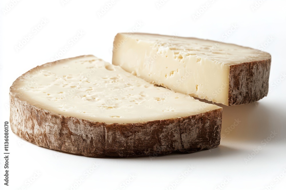 Slice of cheese showcasing creamy texture against clean white backdrop Slice of cheese showcasing creamy texture against clean white backdrop