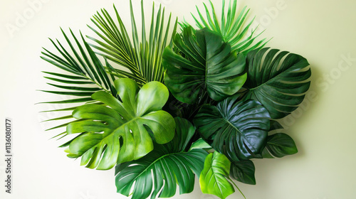 Green realistic tropical leaves bunch with monstera and palm tree, elephant ear and sugar cane, dieffenbachia foliage. Exotic tropic greenery bouquet arrangement composition for summer jungle design. photo