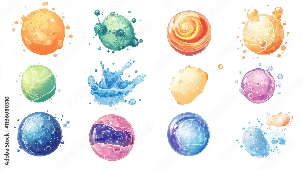 Fantasy alien planets for ui space game. Vector cartoon icons set of magic fantastic world, cosmic objects different colors with bubbles, cracks and spirals. Cute planets and moons collection Fantasy alien planets for ui space game. Vector cartoon icons set of magic fantastic world, cosmic objects different colors with bubbles, cracks and spirals. Cute planets and moons collection