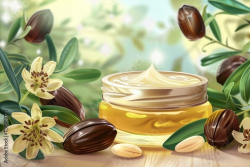 Luxurious jojoba cream in a golden jar, surrounded by natural flowers, nuts, and greenery, showcasing a radiant skincare product. Generative AI photo