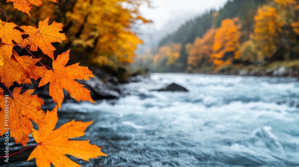 Beautiful autumn leaves in focus with a flowing river and vibrant fall landscape in the background, capturing the essence of nature’s seasonal transition and tranquility. Beautiful autumn leaves in focus with a flowing river and vibrant fall landscape in the background, capturing the essence of nature’s seasonal transition and tranquility.
