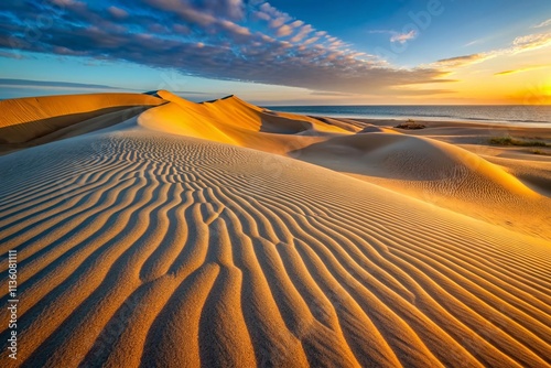 Close-Up of Smooth Beige Sand Dunes with Gentle Rolling Waves Capturing the Tranquility of Nature in a Serene Desert Landscape photo