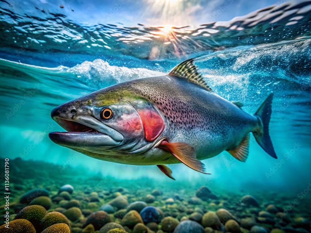 Close-Up View of a Salmon Swimming Underwater in a Clear, Blue Environment with Vibrant Colors and Natural Lighting, Showcasing the Fish's Textures and Details with Copy Space Available Close-Up View of a Salmon Swimming Underwater in a Clear, Blue Environment with Vibrant Colors and Natural Lighting, Showcasing the Fish's Textures and Details with Copy Space Available