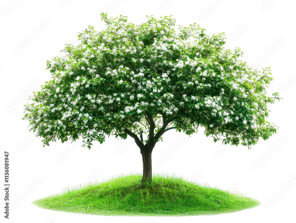 Blossoming tree on a serene island, tranquil nature escape in full bloom Blossoming tree on a serene island, tranquil nature escape in full bloom