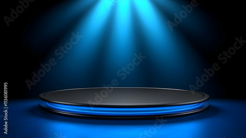 Illuminated round stage with blue neon lights.