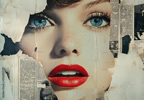 Torn paper art revealing female face with red lips and blue eyes