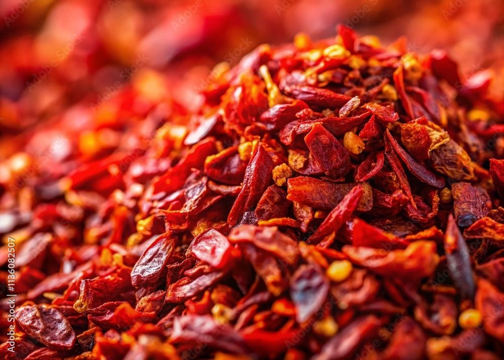 Fototapeta premium Closeup of Dried Red Pepper Flakes Showcasing Textures and Colors for Culinary Uses, Spice Blends, and Food Photography Needs with Rich Red Tones and Fine Details