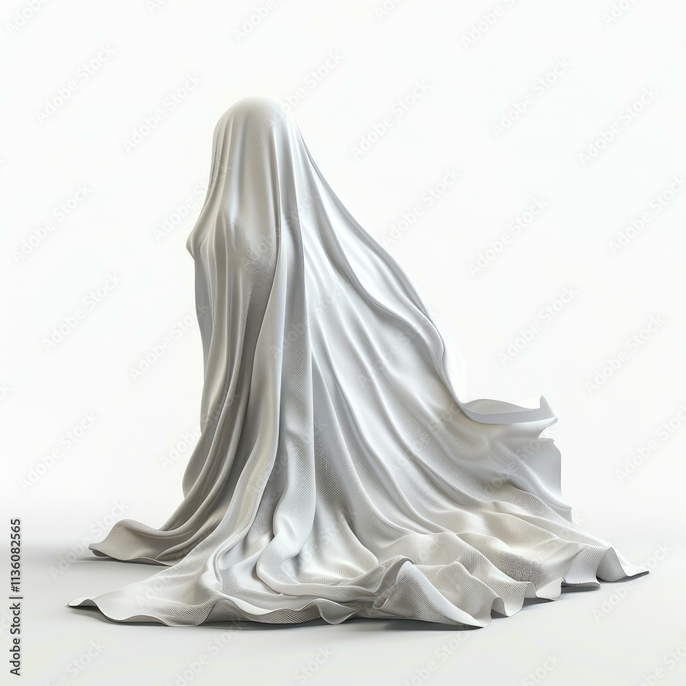 White cloth draped over kneeling figure evokes mystery and otherworldly presence White cloth draped over kneeling figure evokes mystery and otherworldly presence