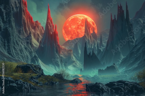 A digital painting of a fantasy landscape with tall, jagged mountains and a vibrant red moon in the sky, A fantasy world with a red moon peeking out from behind towering mountains photo