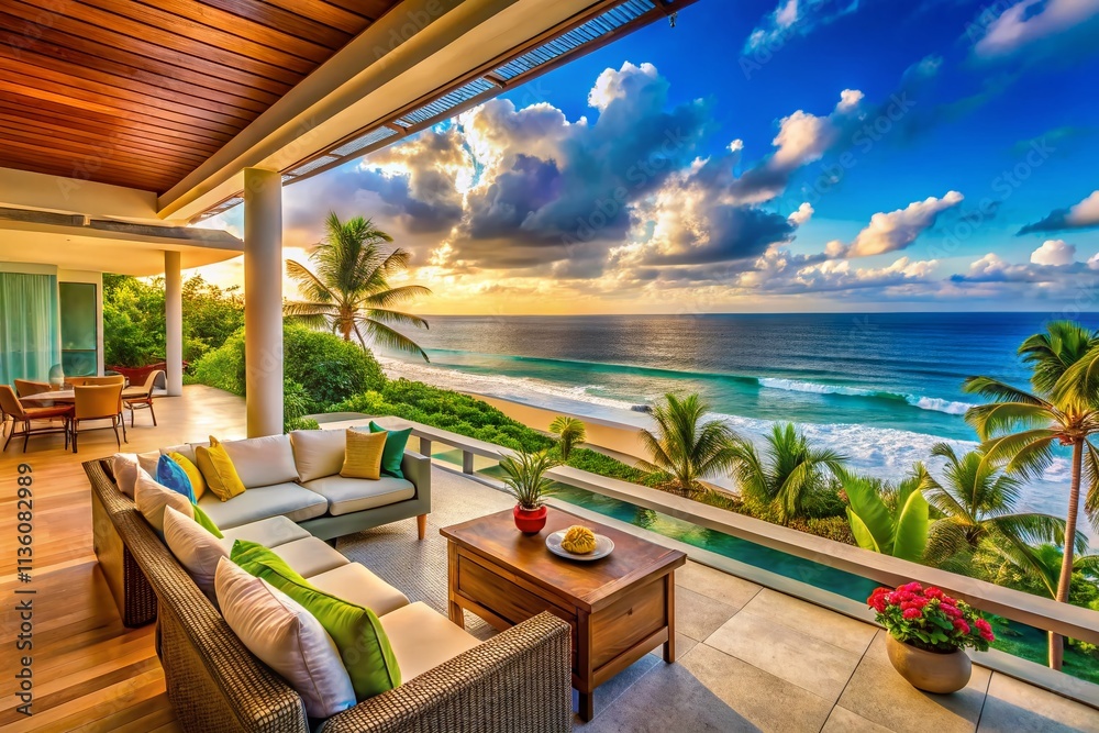 Fototapeta premium Coastal Serenity: A Panoramic View of a Beachfront Villa Showcasing Ocean Views and Elegant Coastal Decor in a Tranquil Setting
