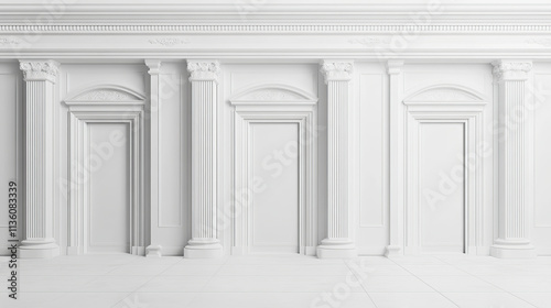 Arches with columns and illuminated blank signboards in wall, rectangular interior gates with white pillars and empty banners in art gallery or museum, archway frames, Realistic 3d vector mock up