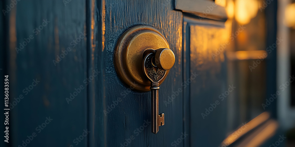 Key in antique door lock at sunset. Key in antique door lock at sunset.