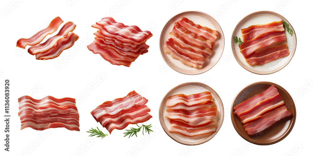 Various Styles of Bacon on Plates and Backgrounds, PNG collection, set bundle, isolate on transparent or white background