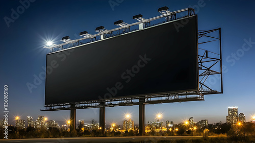 Large blank billboard at night, city skyline background. photo