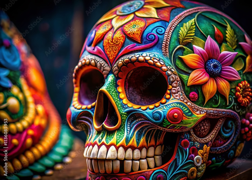 Colorful Sugar Skull, Dia de los Muertos, Mexican Skull Art, Festive Skull Illustration, Fancy Skull Design, AI Art Colorful Sugar Skull, Dia de los Muertos, Mexican Skull Art, Festive Skull Illustration, Fancy Skull Design, AI Art