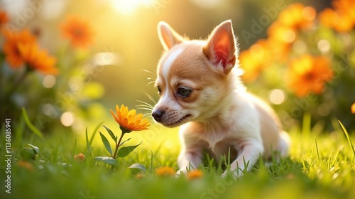 Cute puppy exploring a vibrant garden filled with colorful flowers during a golden hour in the spring