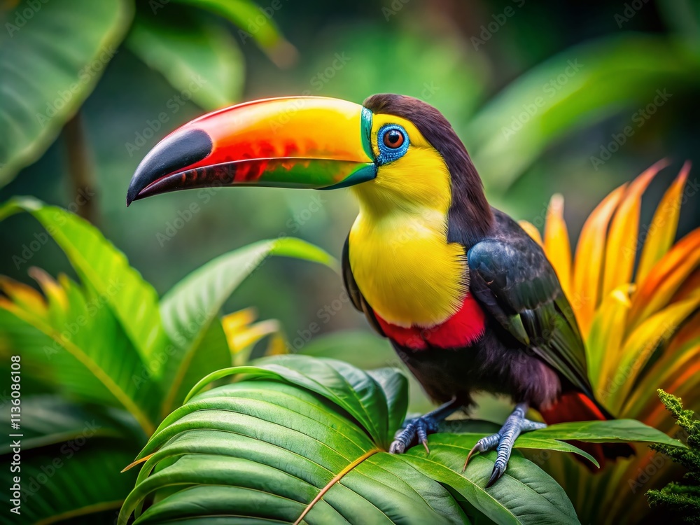 Naklejka premium Colorful Toucan Bokeh Photography: Vivid Bird, Lush Leaf, Red Beak, Green Body, Tropical Bird, Wildlife Photography, Nature Photography, Bokeh Effect