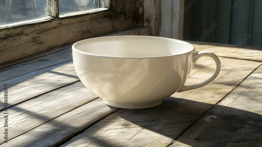 Large empty white mug on rustic wooden surface near window. Large empty white mug on rustic wooden surface near window.