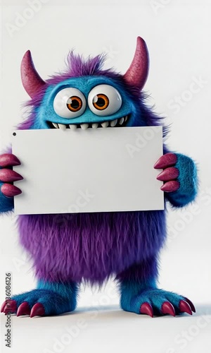 Colorful cartoon monster character with purple and blue fuzzy fur holding a blank sign ready for customization and fun messaging, isolated on white background