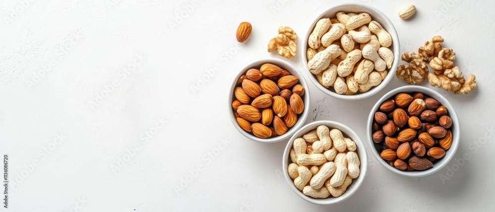 Assorted Nuts in Bowls: Almonds, Peanuts, Hazelnuts, and Walnuts on White Background Assorted Nuts in Bowls: Almonds, Peanuts, Hazelnuts, and Walnuts on White Background