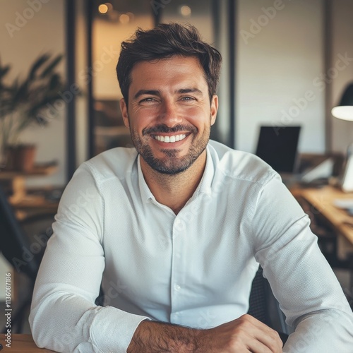 Office exec smiling, vertical photo