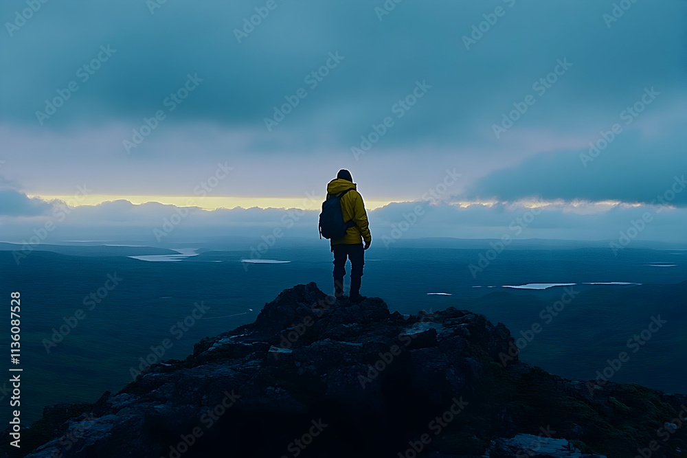 Lone hiker standing on a mountain peak at dusk, overlooking a vast, misty landscape. Lone hiker standing on a mountain peak at dusk, overlooking a vast, misty landscape.