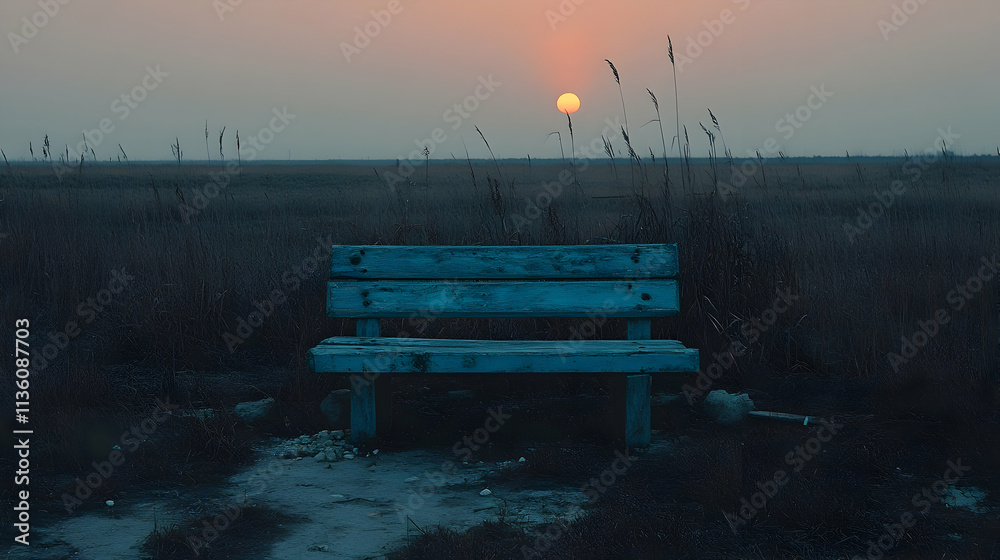 Lonely bench at sunset in a serene field. Lonely bench at sunset in a serene field.