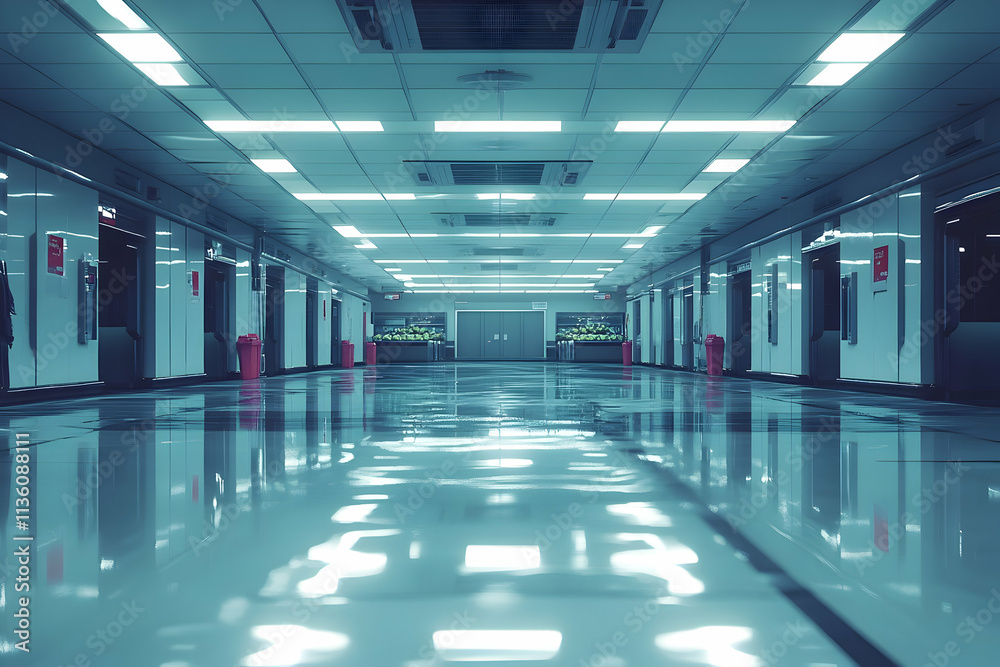 Long, reflective hallway with doors and overhead lighting. Long, reflective hallway with doors and overhead lighting.