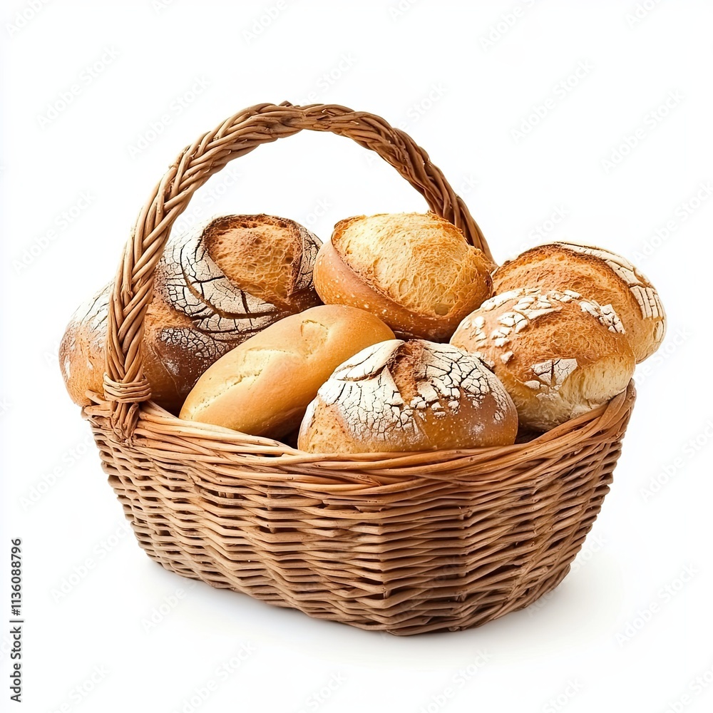 Composition with bread and rolls in a wicker basket isolated on white. 