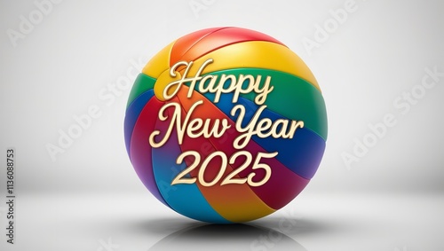  A Vibrant and Highly Detailed Beach Ball Isolated with logo happy new year 2025. photo