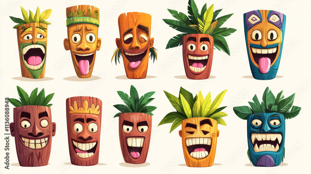 Traditional Hawaiian totem tiki mask collection. Cartoon vector illustration set of wooden tribal culture statue head with tropical leaves decorations. Face emotions with eyes, teeth and tongue. Traditional Hawaiian totem tiki mask collection. Cartoon vector illustration set of wooden tribal culture statue head with tropical leaves decorations. Face emotions with eyes, teeth and tongue.