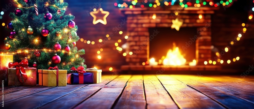 Magical Christmas Scene: Decorated Tree, Fireplace, and Presents on Wooden Floor Magical Christmas Scene: Decorated Tree, Fireplace, and Presents on Wooden Floor