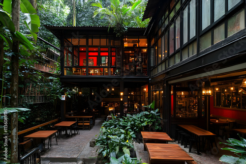 Lush garden restaurant patio with wooden tables and chairs.