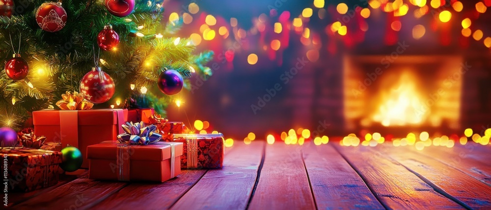 Festive Christmas Tree with Presents and Fireplace, Illuminated Wooden Table Festive Christmas Tree with Presents and Fireplace, Illuminated Wooden Table