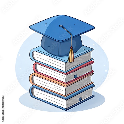 Isolated 3D render of a stack of books with a graduation cap, symbolizing knowledge and education