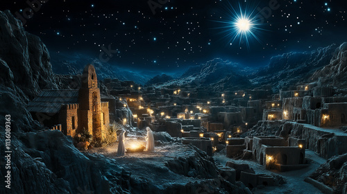 night scene of Nativity of Jesus and The Star of Bethlehem