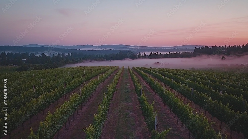 Vineyard at dawn with mist in valley. Vineyard at dawn with mist in valley.